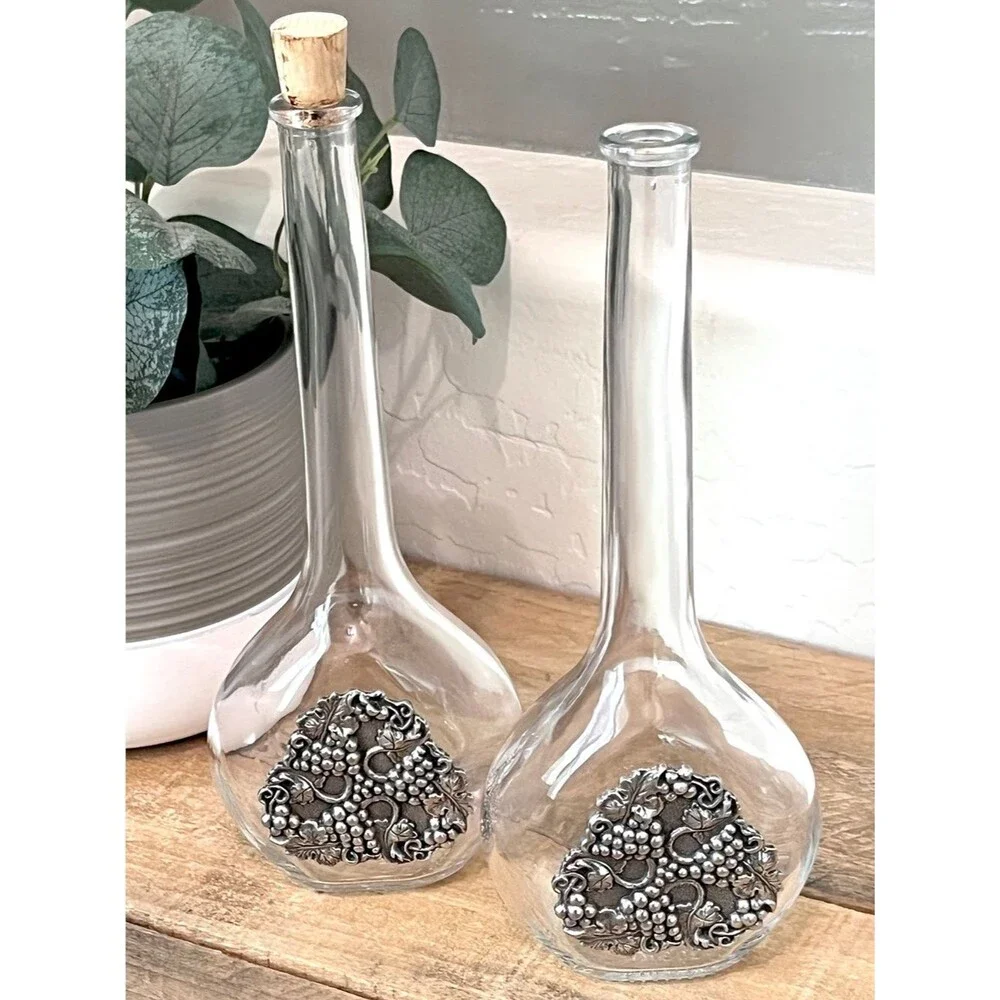 Vetreria Etrusca Italian Glass Pewter Grape Cruet Bottles Set of 2 (200ml)